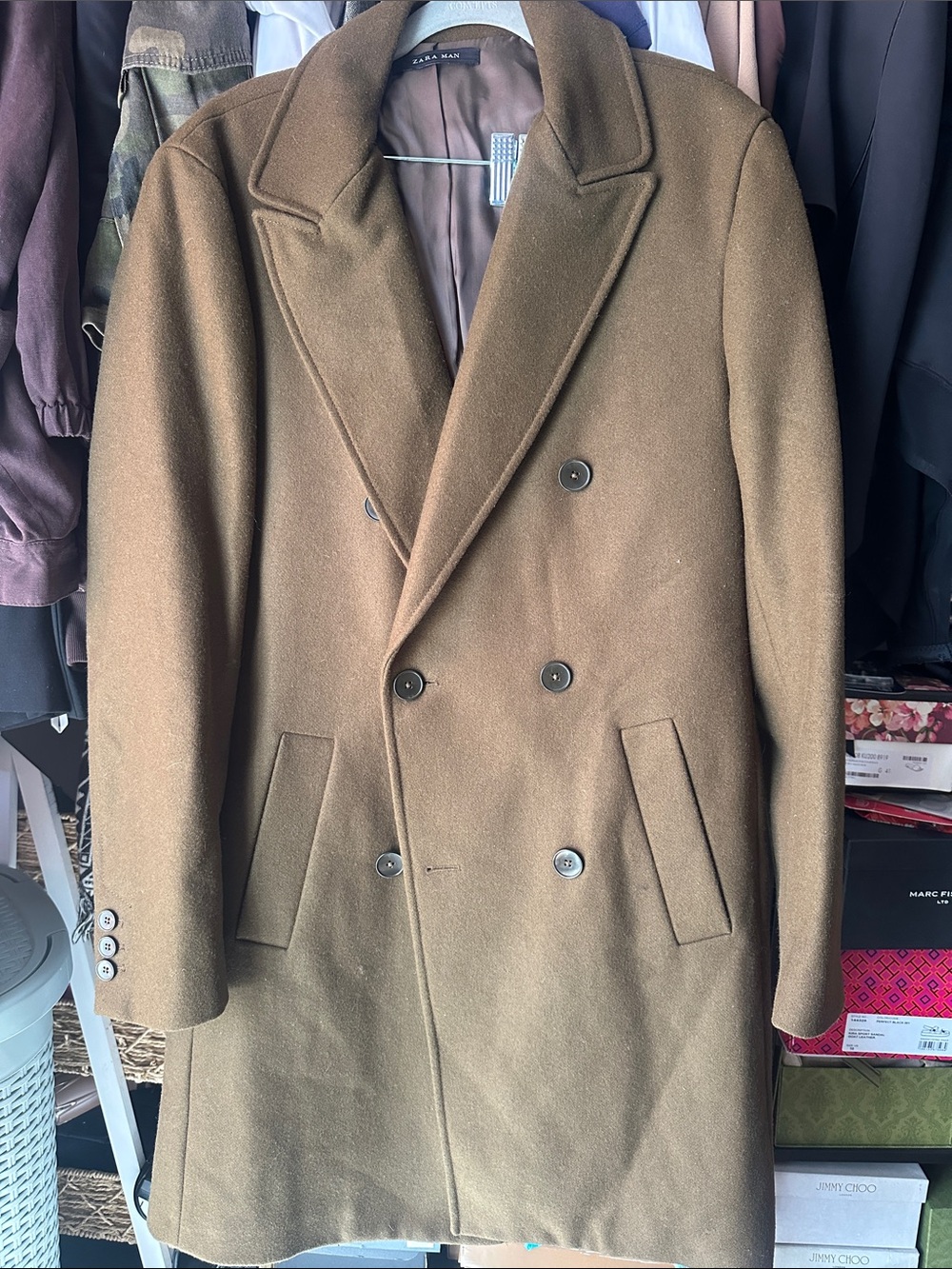 Zara Men's Double-Breasted Brown Pea Coat
